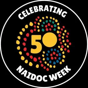 Celebrating 50 Years of NAIDOC Week with colourful dot art design and bold text.